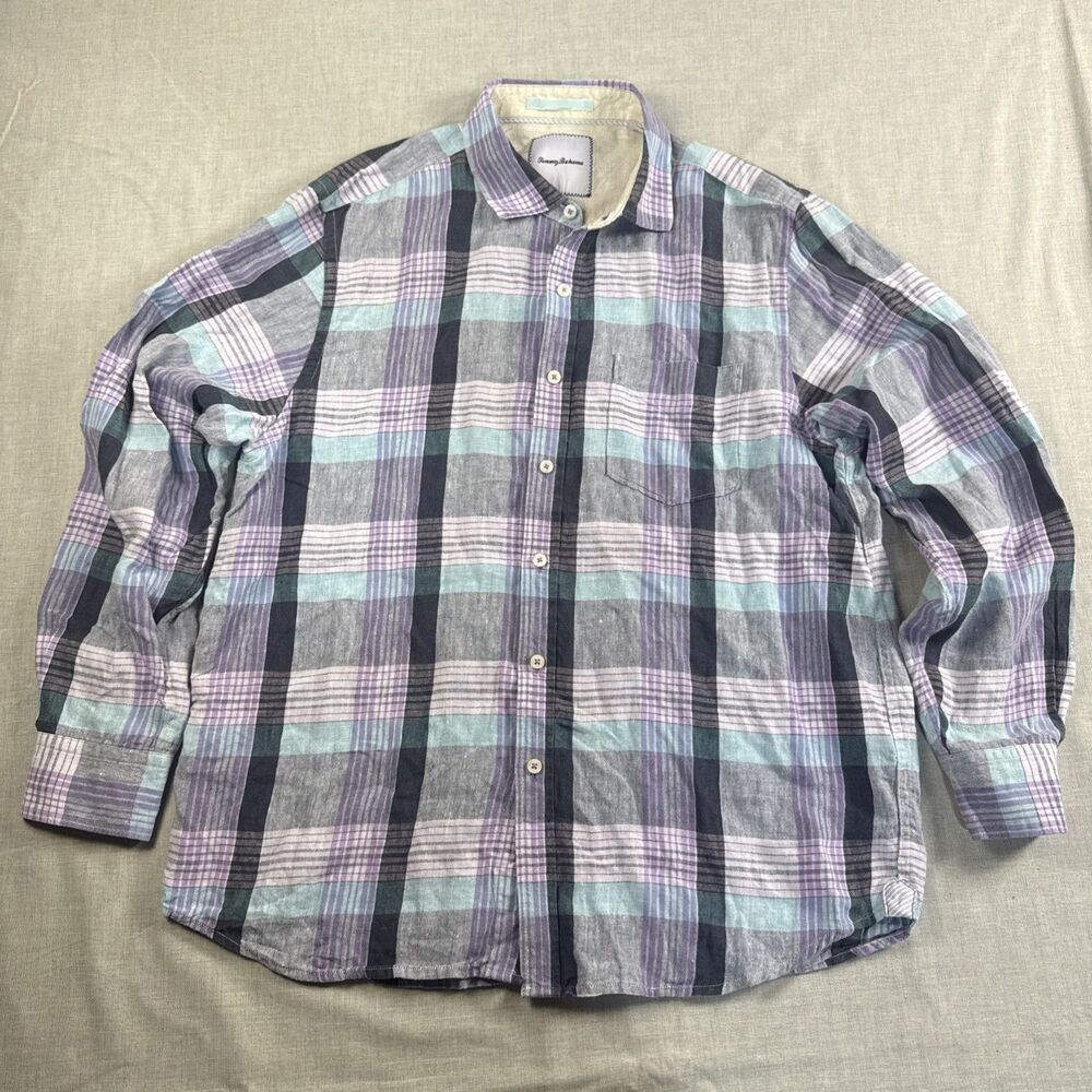 Tommy Bahama Linen Long Sleeve Plaid Button Up Shirt Size Large